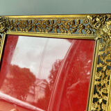 Antique xl metal frame in gold colored brass 29.5 cm x 23 cm convex glass