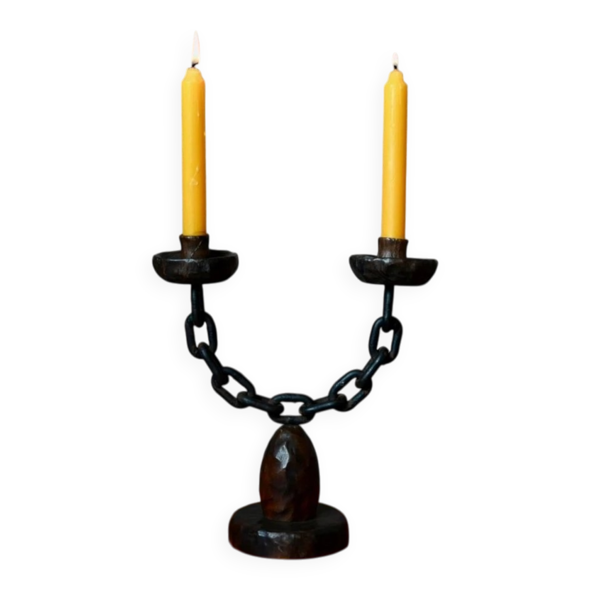 Sculpted wooden and wrought iron brutalist double chandelier from the 1960s.