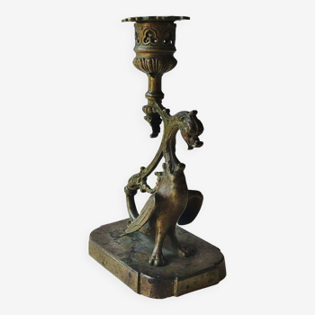 Bougeoir dragon ailé/chimère xixème, époque napoléon iii, en bronze patiné doré