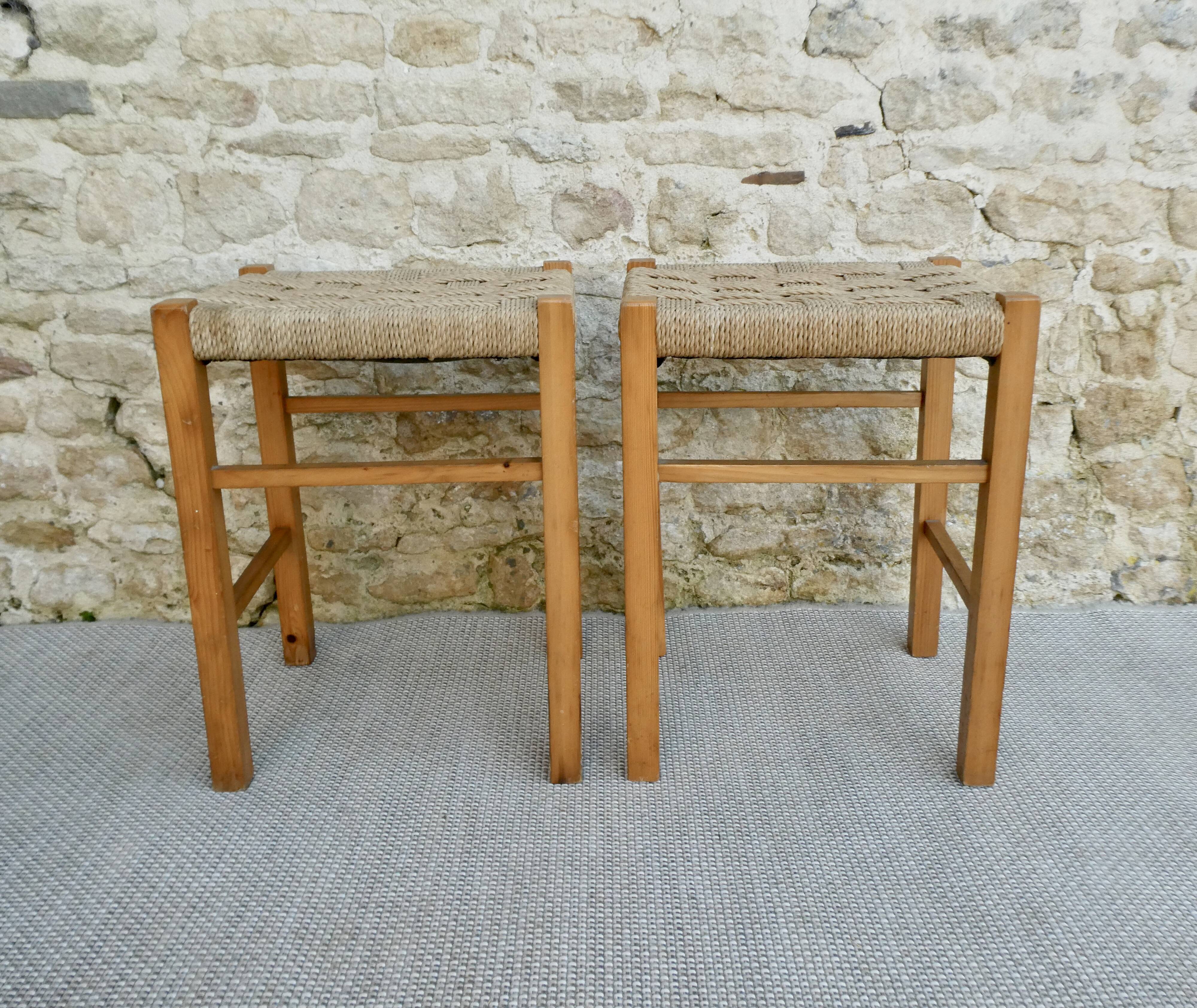 Pair of light wood stools and braided rope, 60s