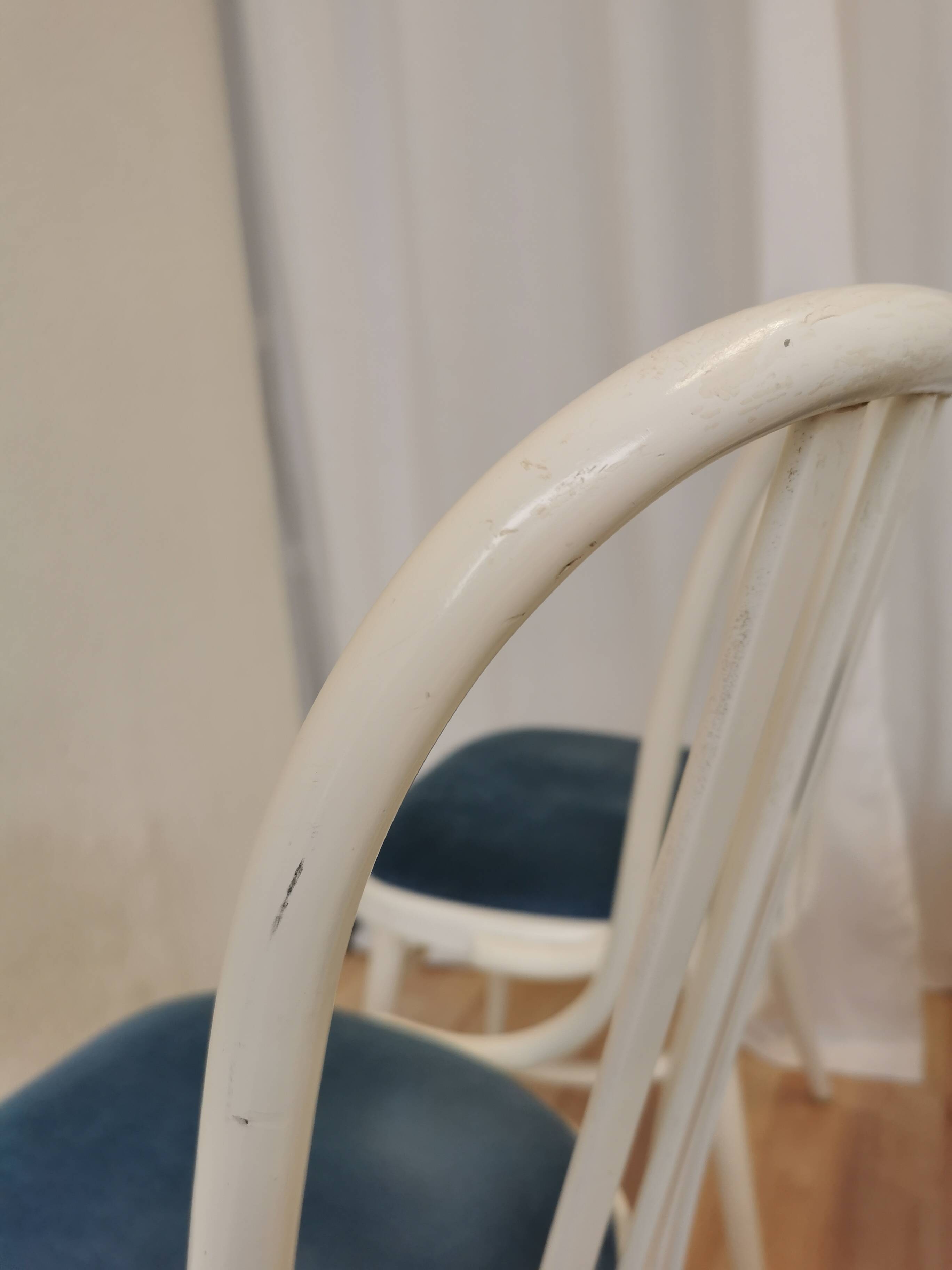 Set of 6 Vintage Bentwood Dining Chairs: White Ligna Style, Blue Fabric