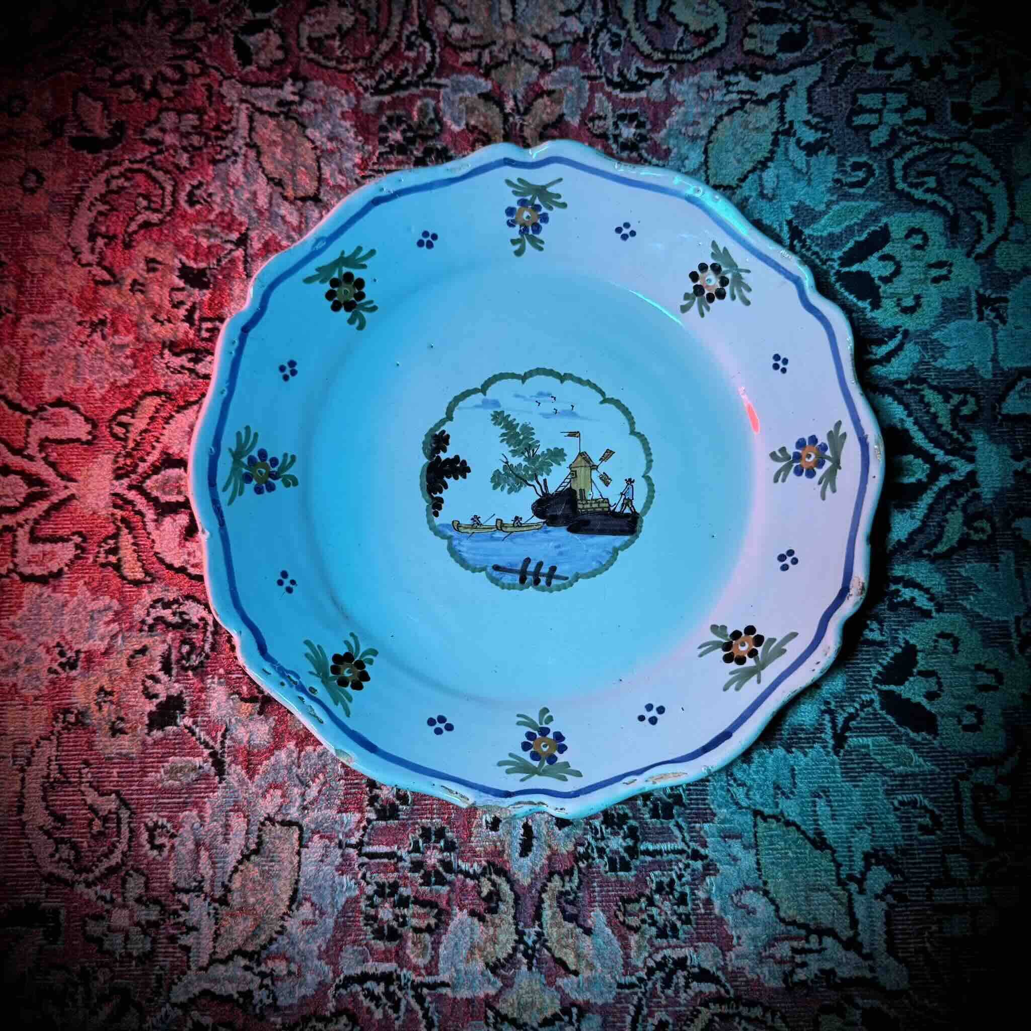 18th Century Nevers Earthenware Plate | Windmill and River