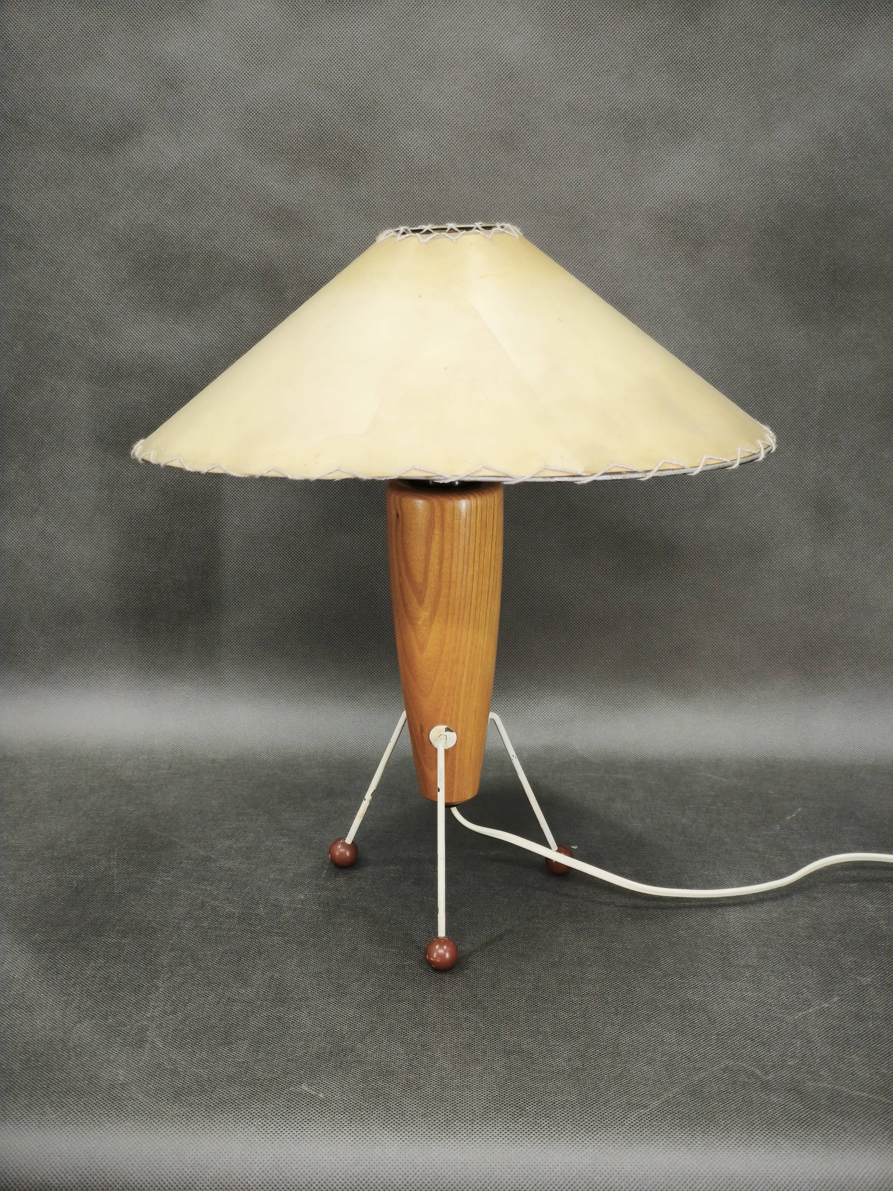 1960s Space Age Tripod Wood Table Lamp with Original Shade, Czechoslovakia