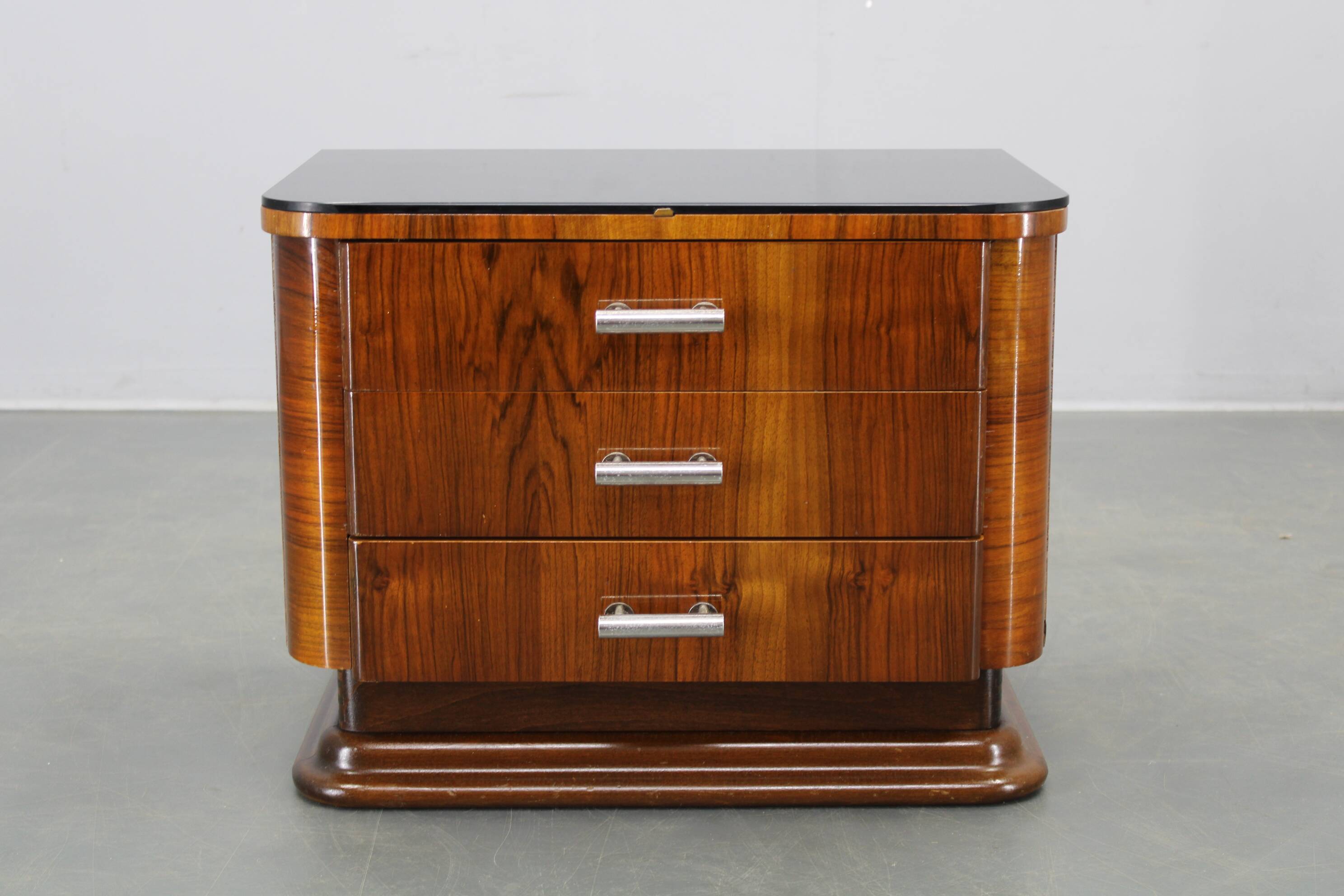 Art Deco walnut nightstand with black opaxite glass, Czechoslovakia 1930s