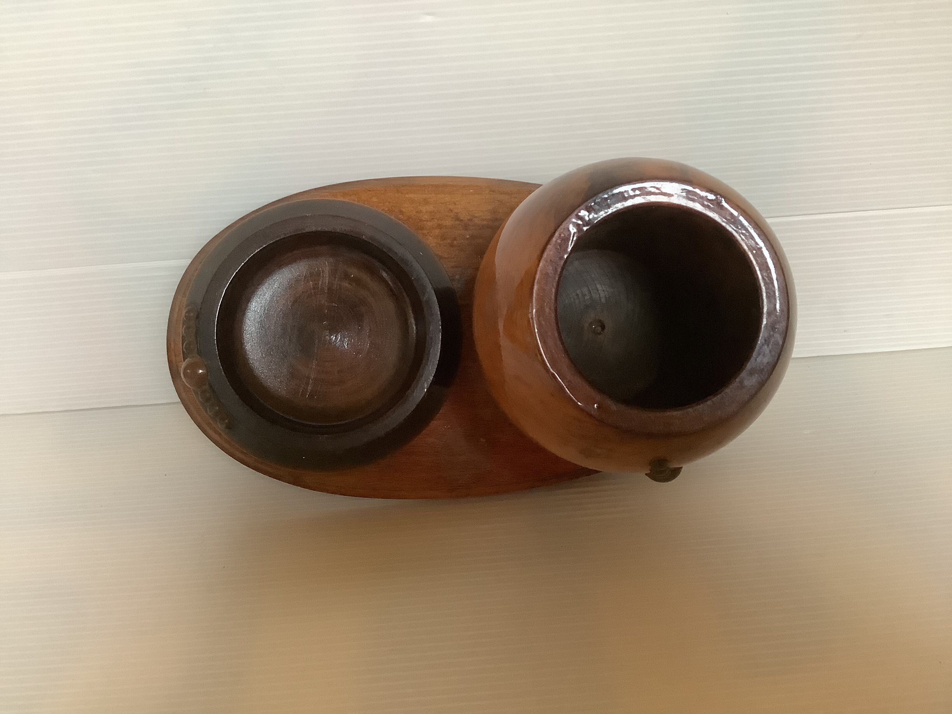 Old brutalist varnished wooden pencil pot