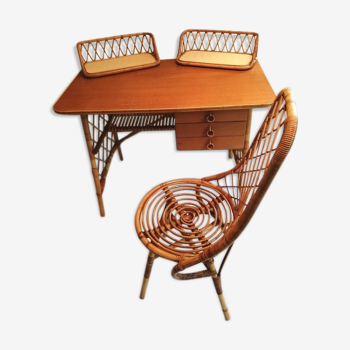 Louis Sognot wicker and bamboo desk set