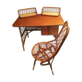 Louis Sognot wicker and bamboo desk set
