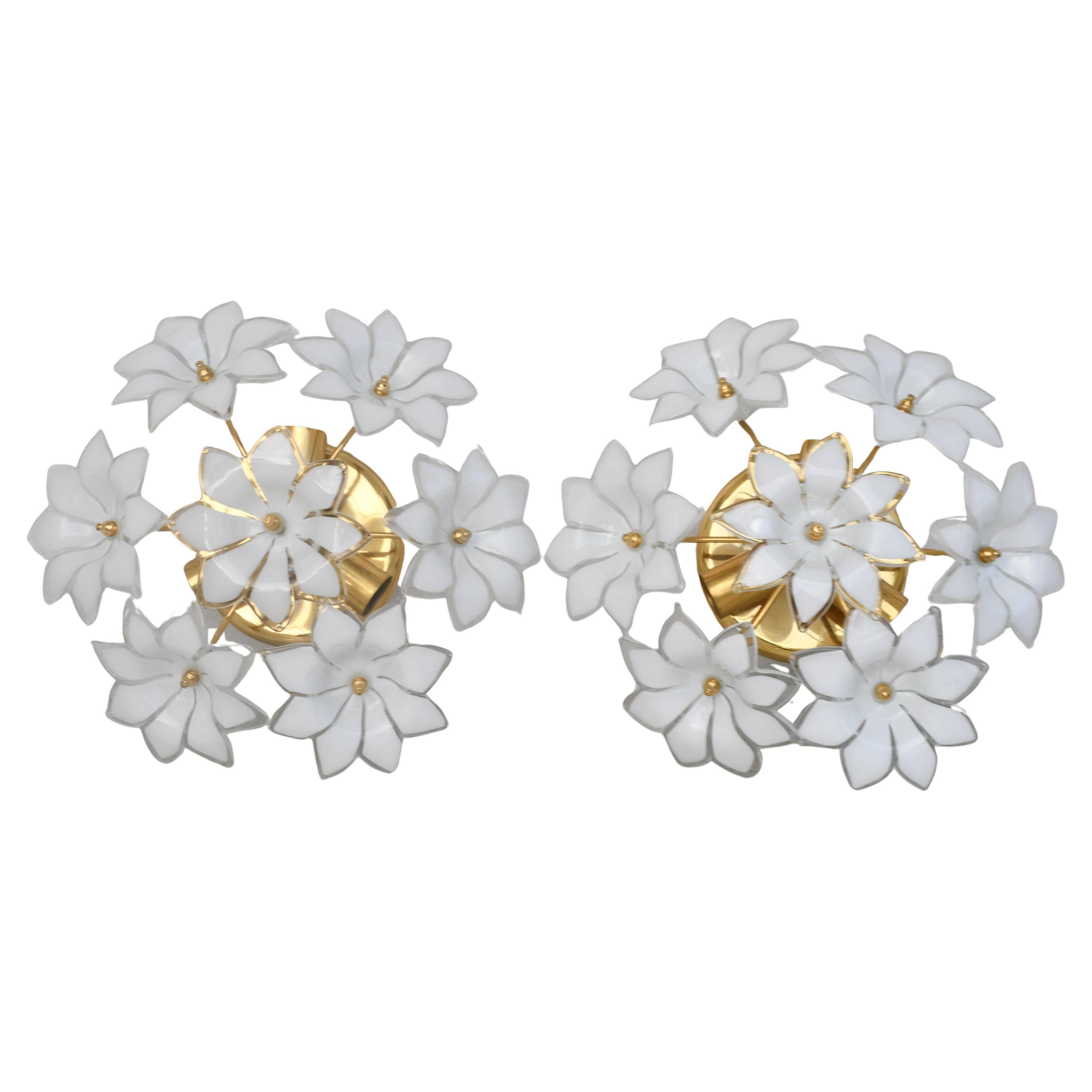 Set of 2 Charming Murano Vintage Ceiling Light White Flowers, 1970s