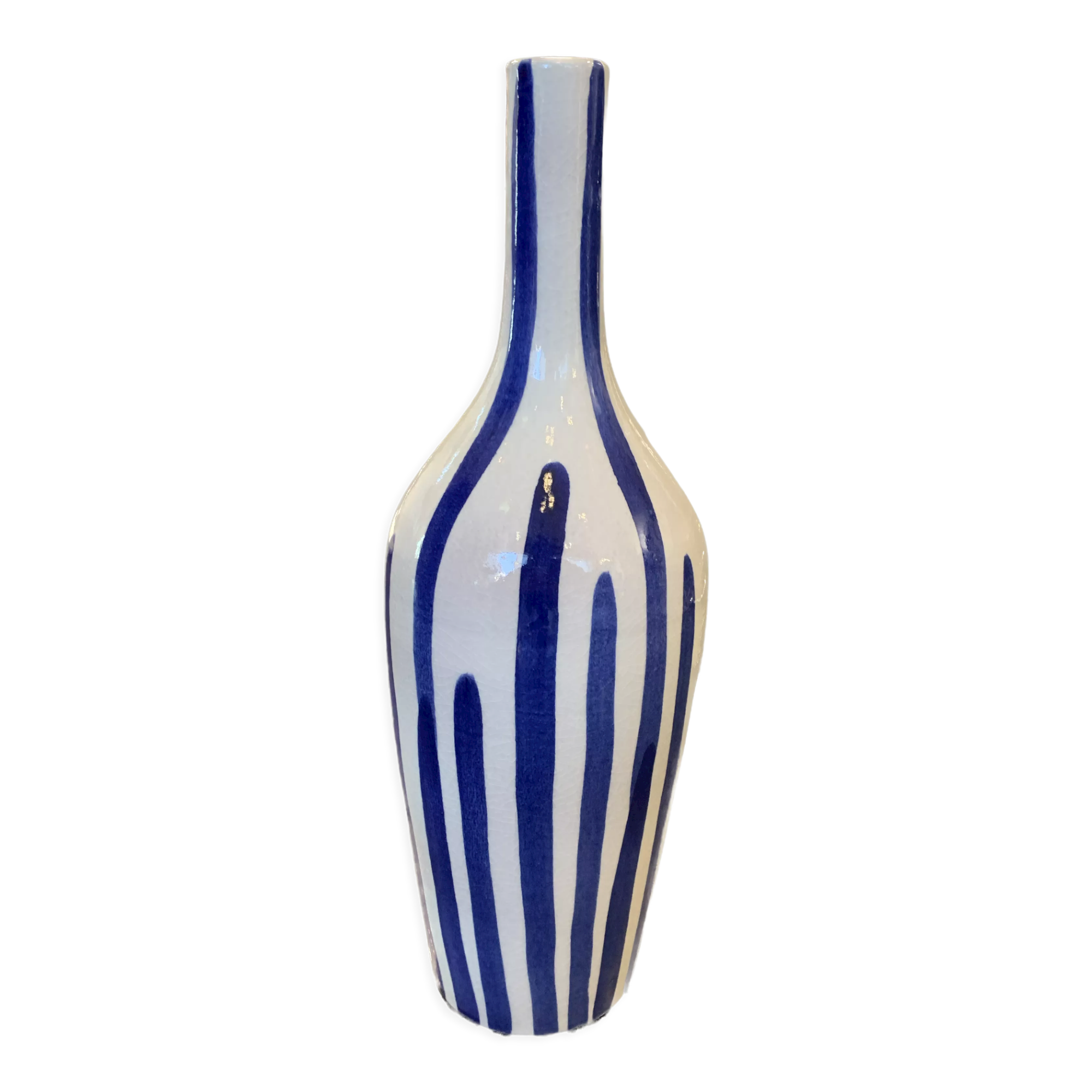 Ceramic vase bottle stripes blue white