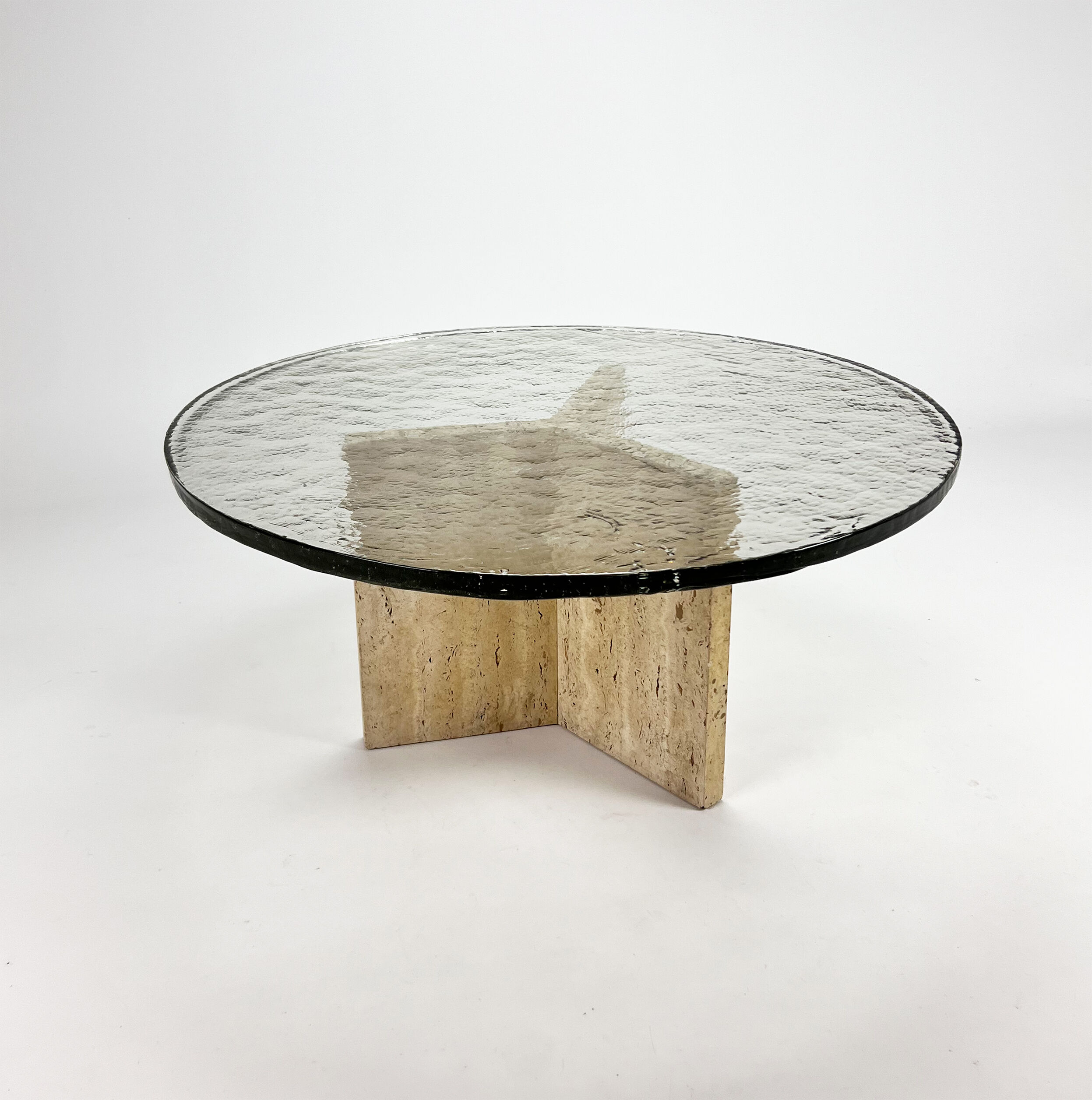 Mid Century Handmade Glass Coffee Table with Travertine Base, 1960s