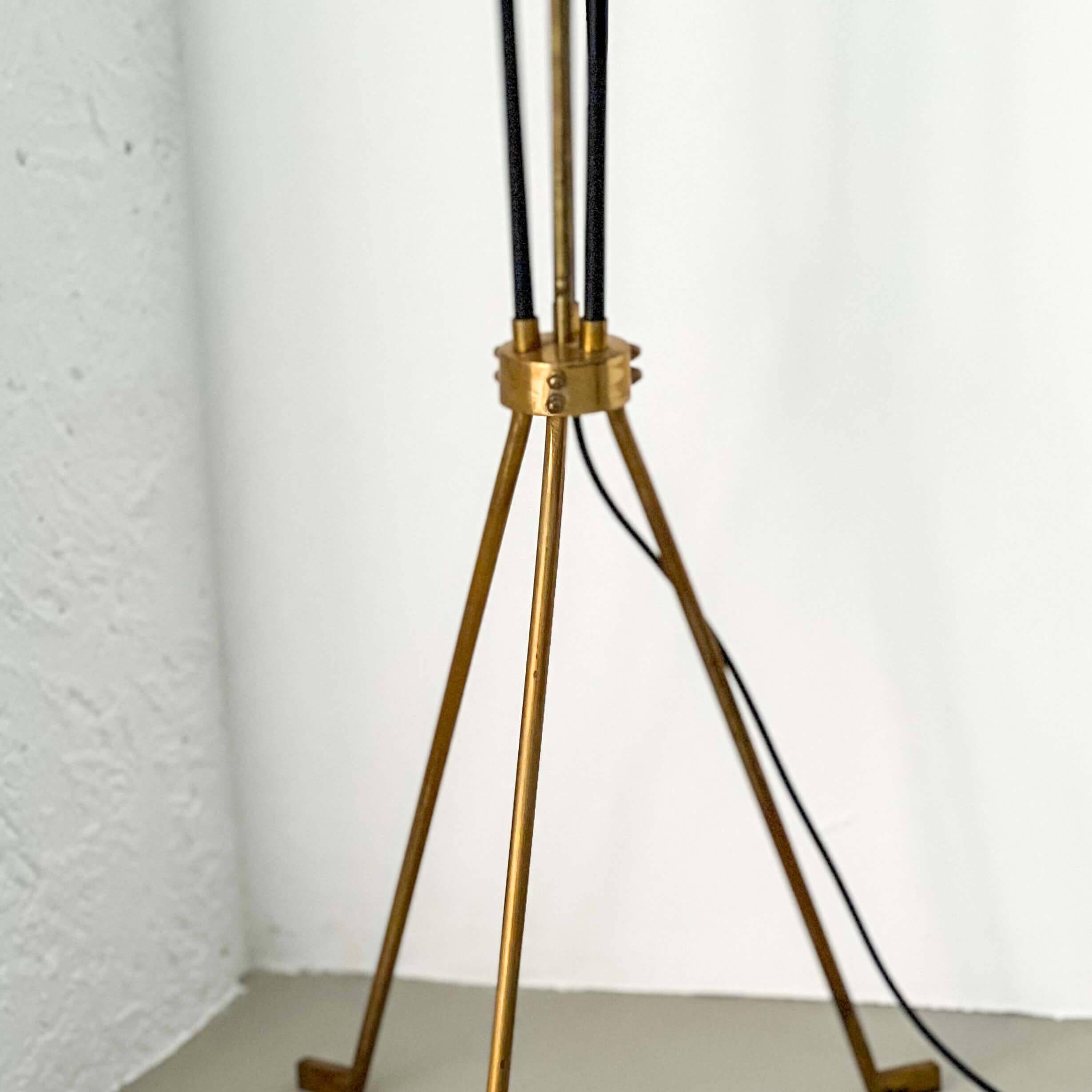 Vintage Italian Brass Floor Lamp in the style of Stilnovo, three legs, opaline