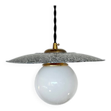 Industrial pendant light made of speckled enameled sheet metal and opaline