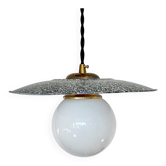 Industrial pendant light made of speckled enameled sheet metal and opaline