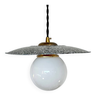 Industrial pendant light made of speckled enameled sheet metal and opaline