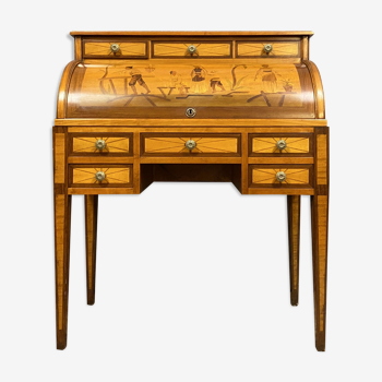 Louis XVI cylinder office to the Chinese in precious wood marquetry around 1930-1940