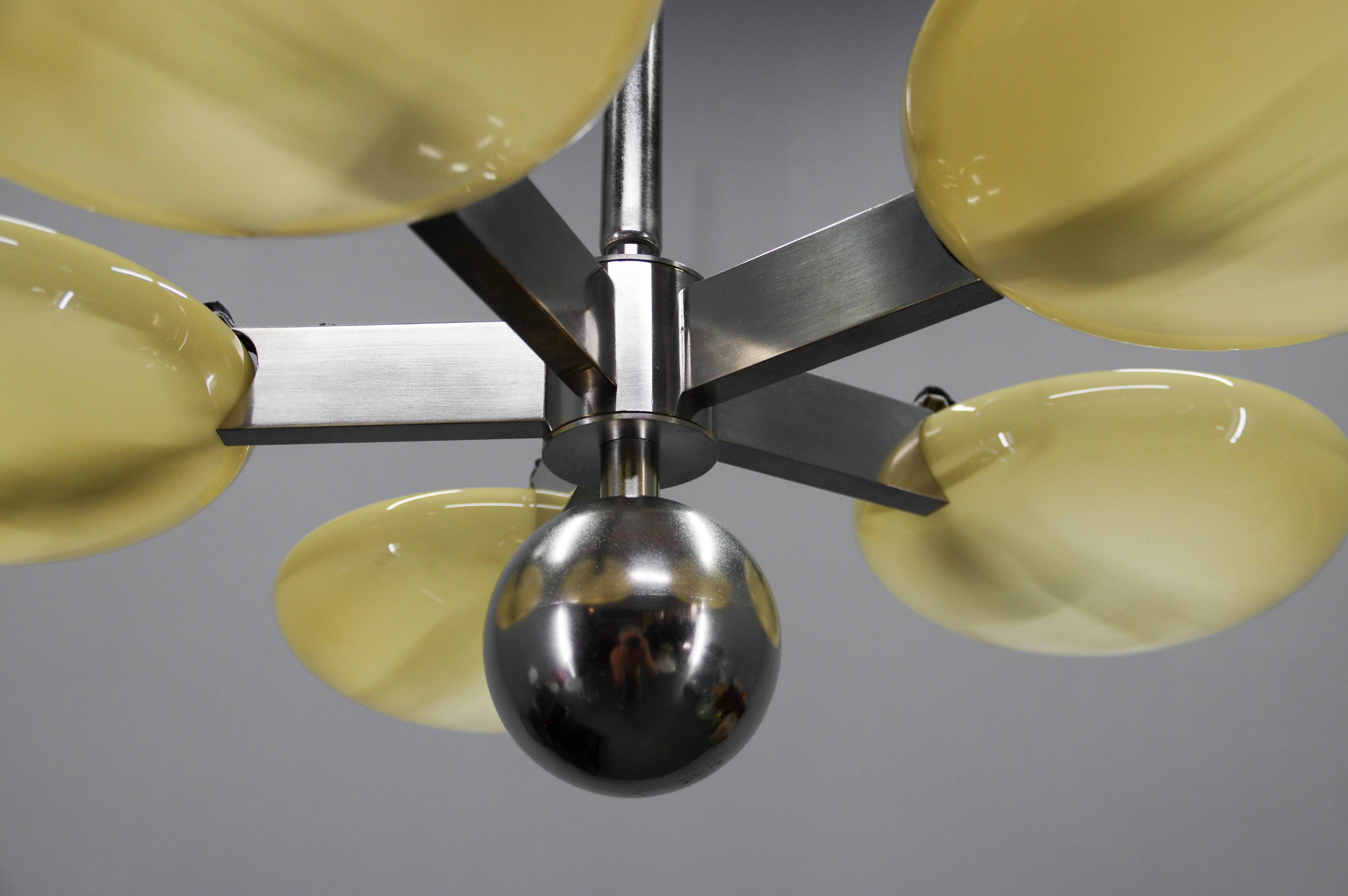 Exceptional Art Deco Functionalist Nickel-Plated Chandelier, 1930s