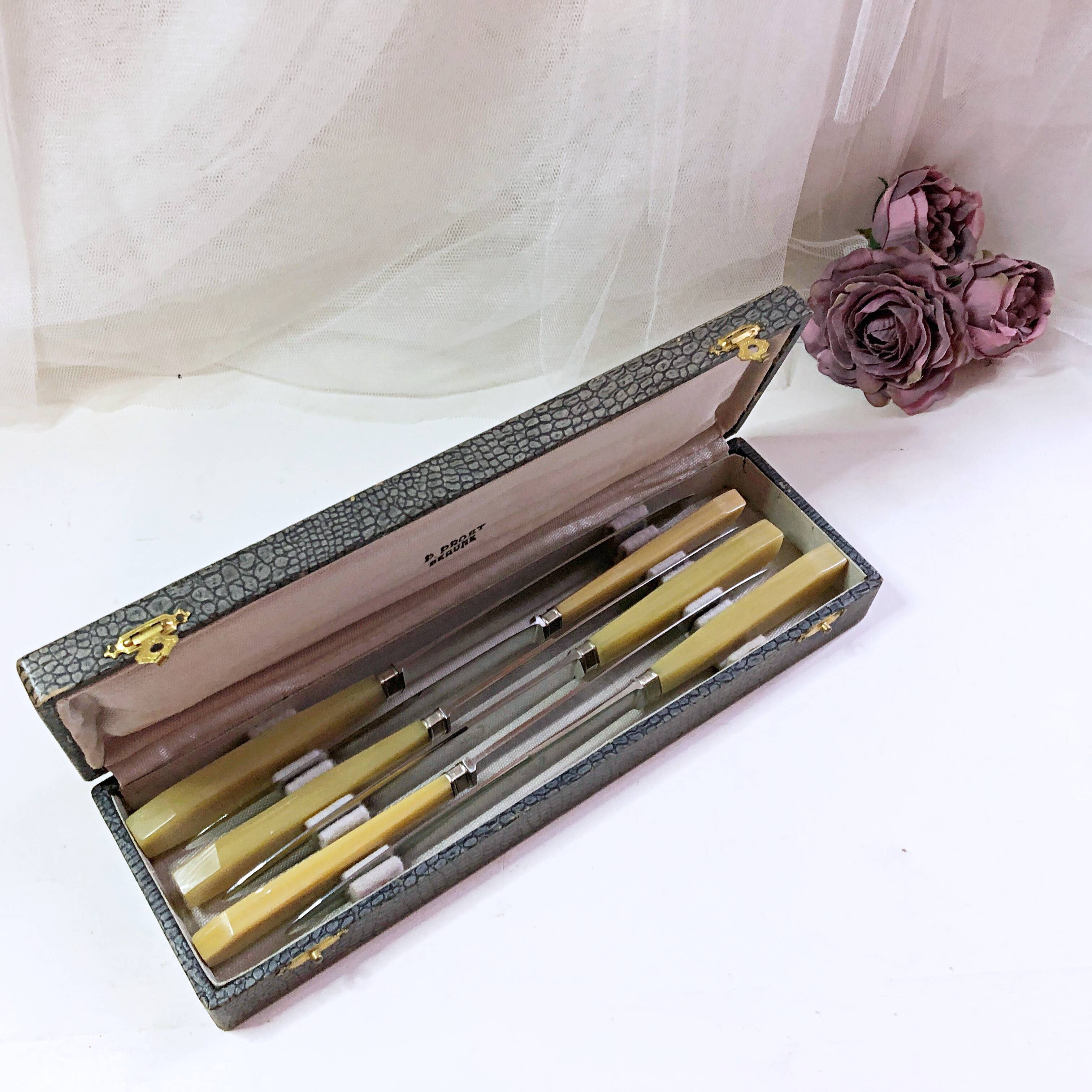 Box of 6 bakelite handle table knives France early 20th century