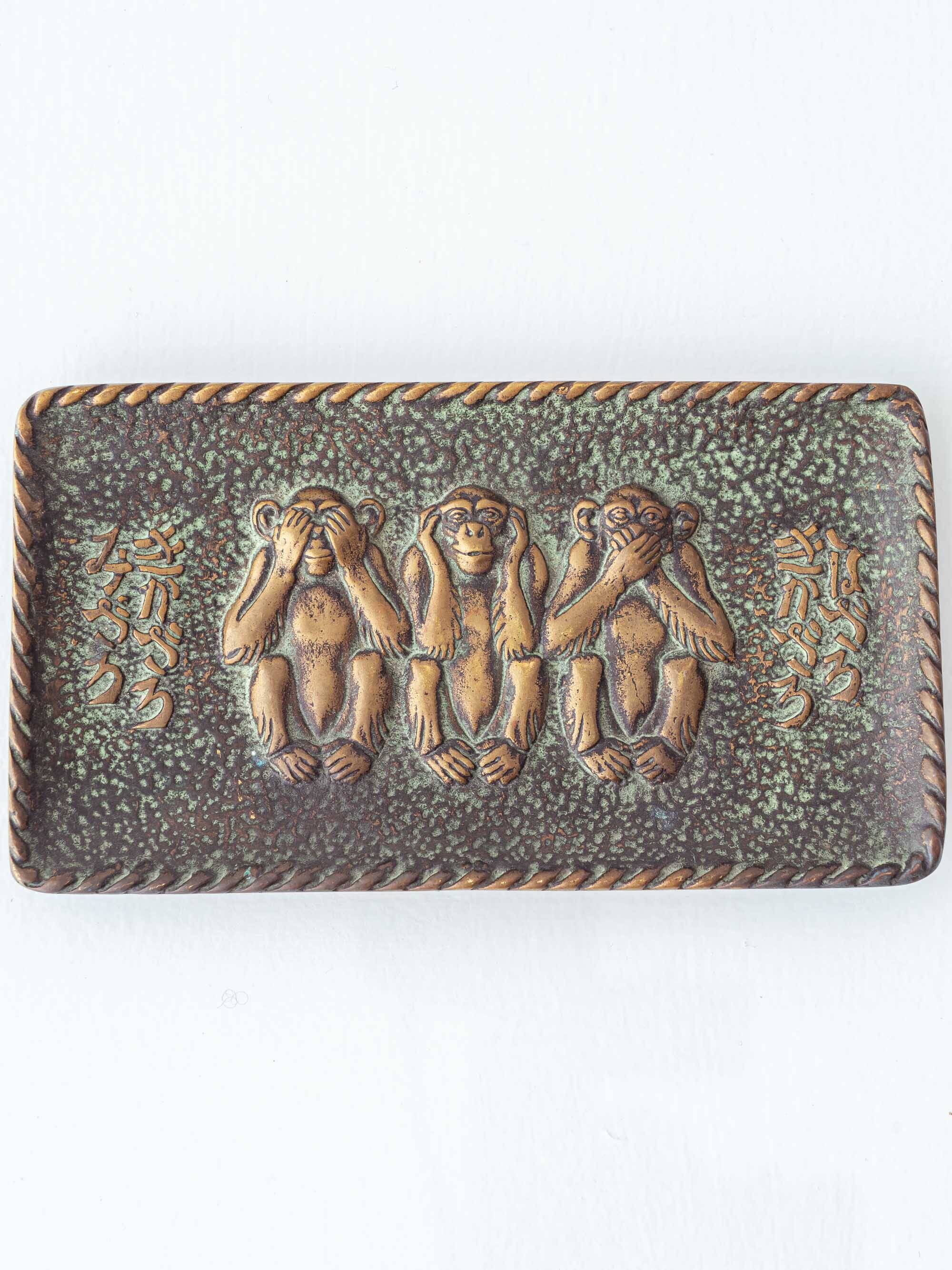 Max Le Verrier Art Deco Bronze Vide-Poche, Three Wise Monkeys, 1930s