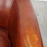 Set of 2 Cognac-Colored Cowhide Leather Club Chairs with Matching Ottoman