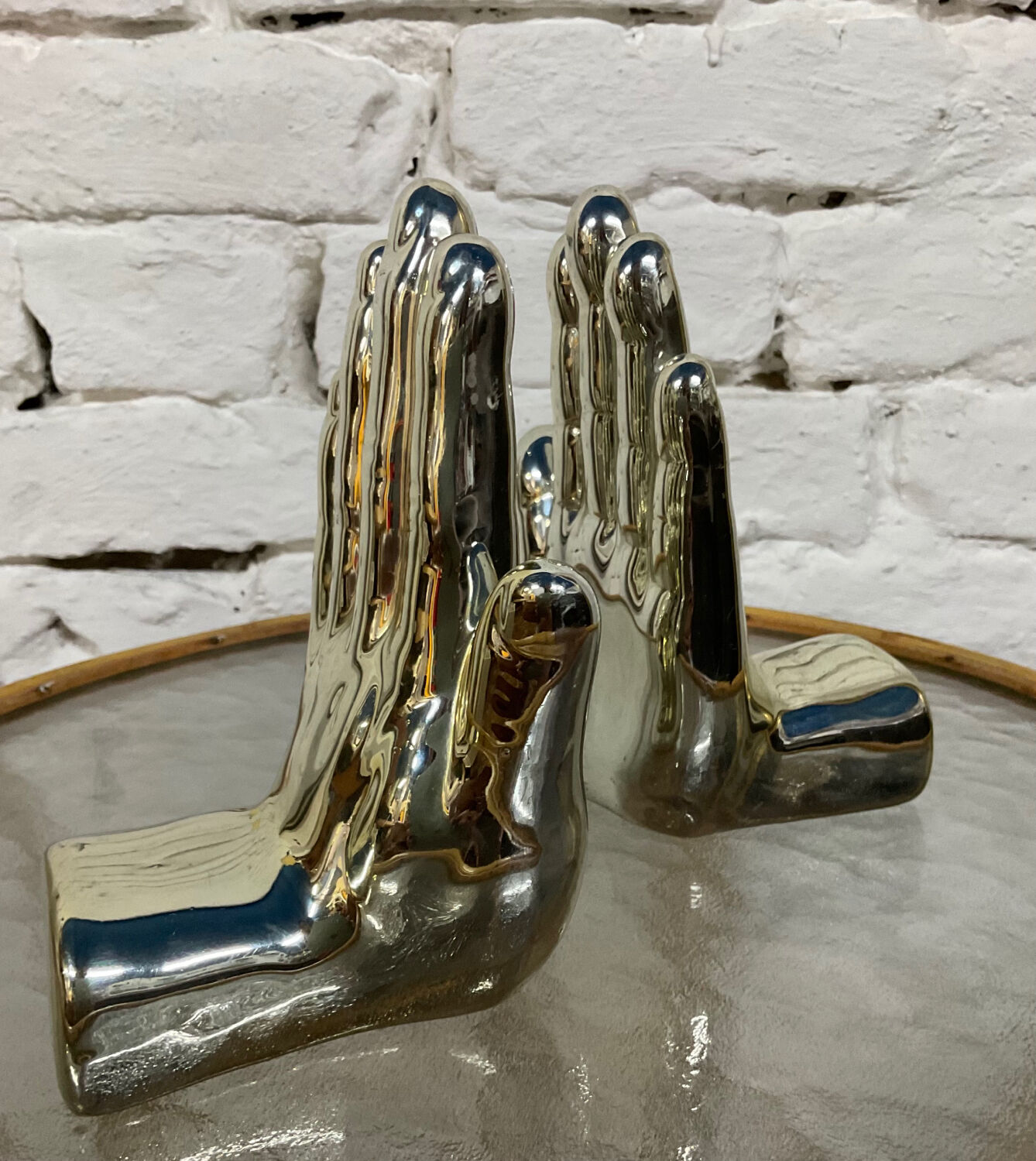 Pair of chrome ceramic hand bookends from the 70s and 80s