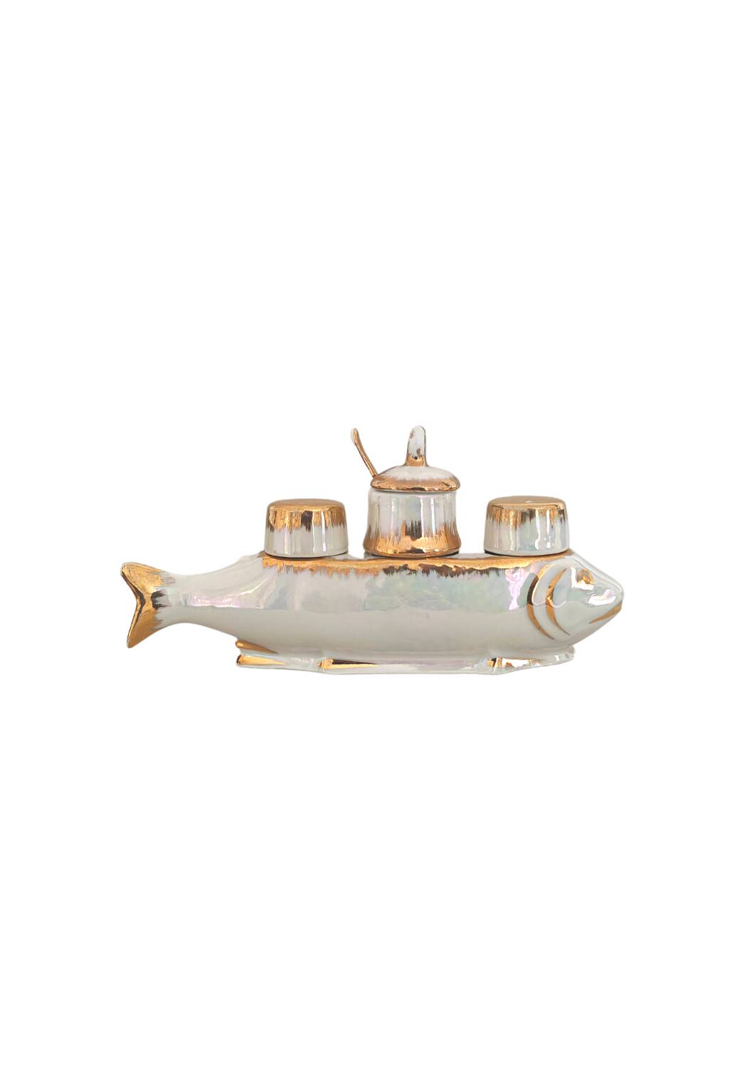 Ensemble de condiments vintage en forme de poisson
