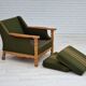 Fauteuil en laine verte et bois de chêne