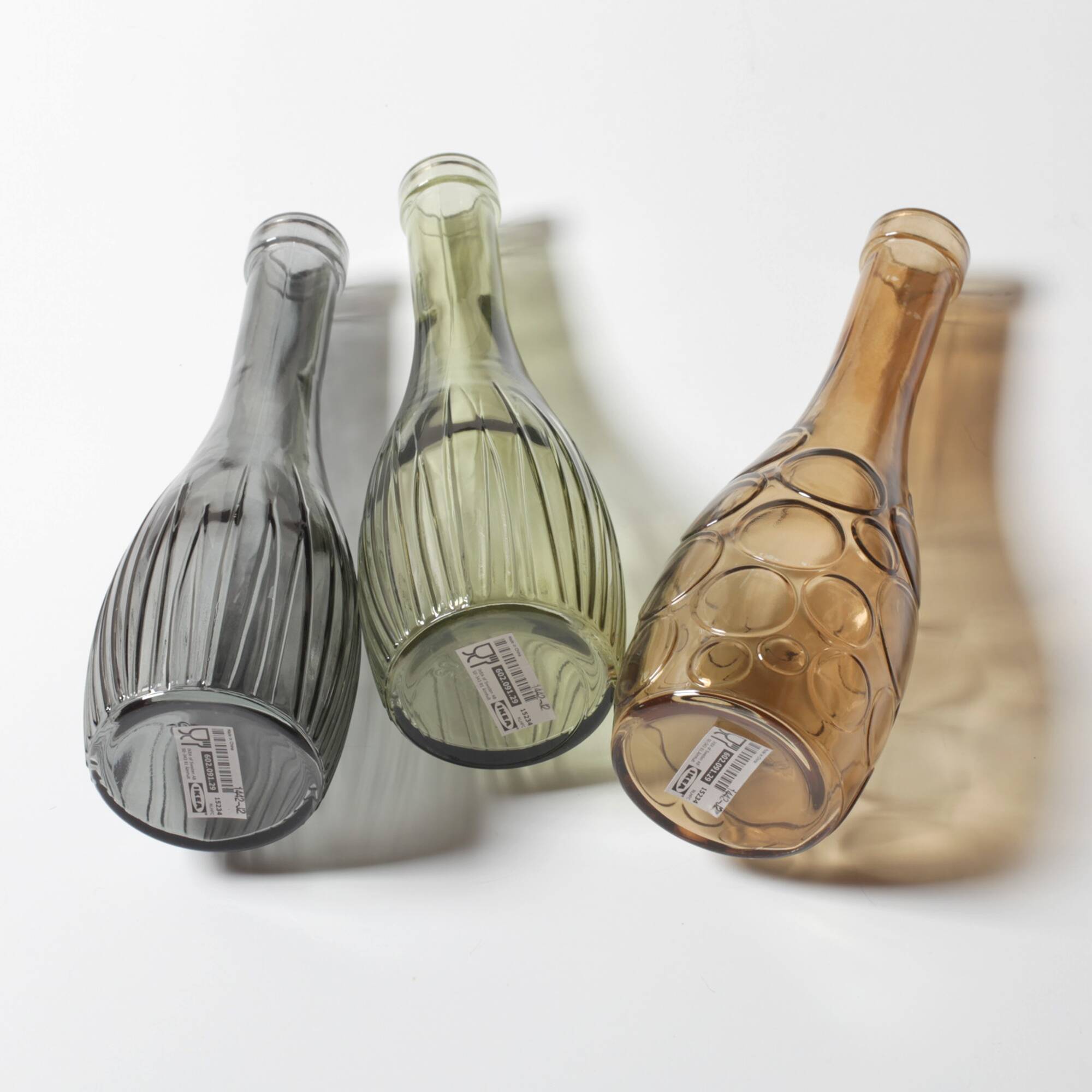 Set of 3 Grey, Green and Amber Glass Vases / Colored Bottles / Ikea / 2000s