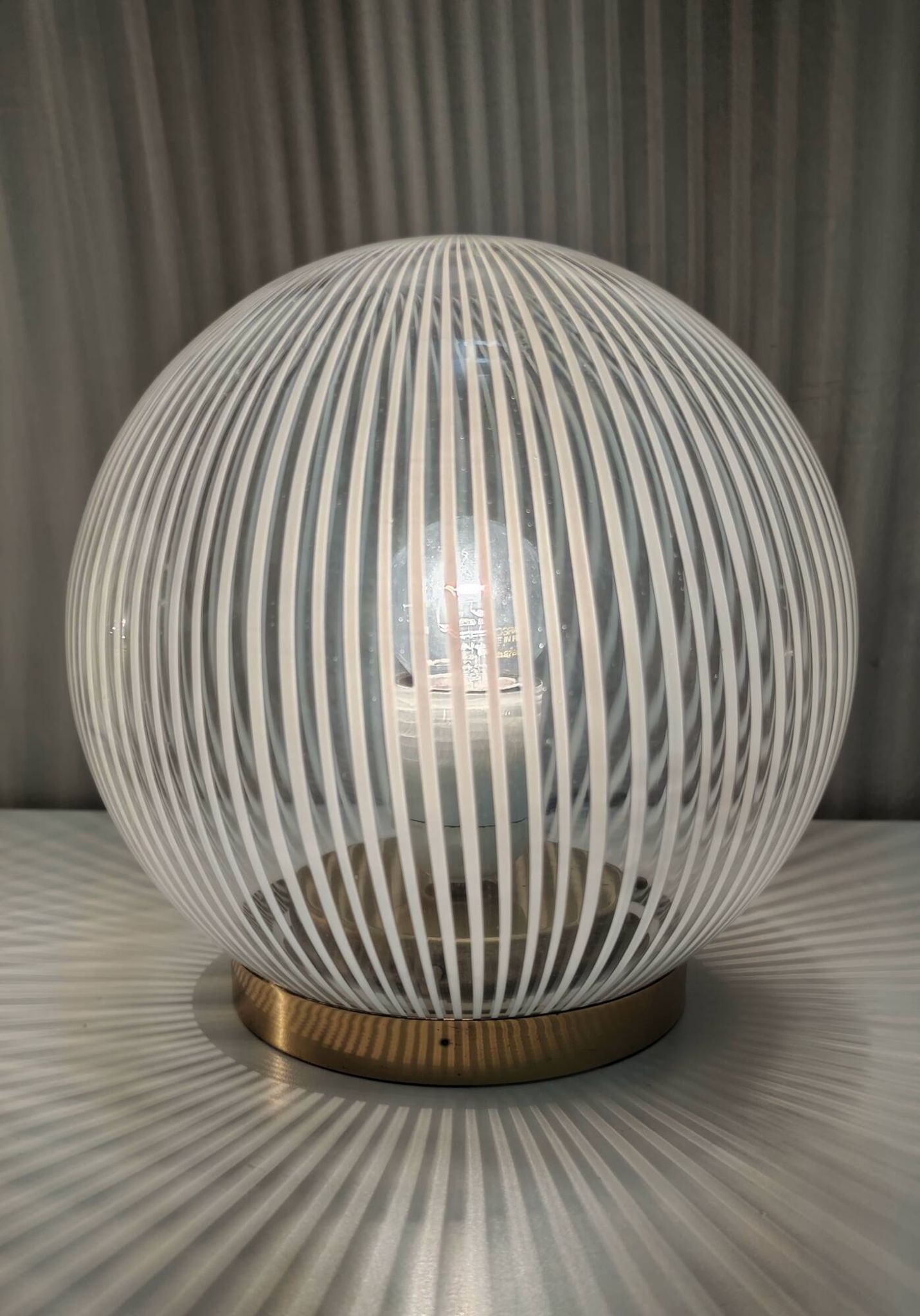 Pair of Vintage Spheric Murano Glass and Brass Table Lamps by Venini, Italy
