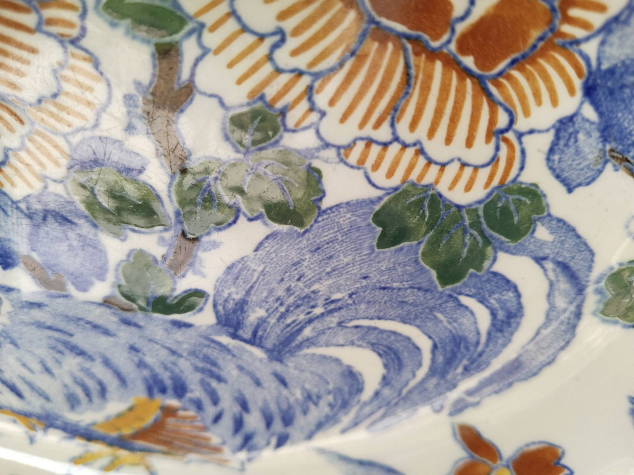 Deep plate or dish in Gien earthenware, rooster and peonies model, numbered, 1930s