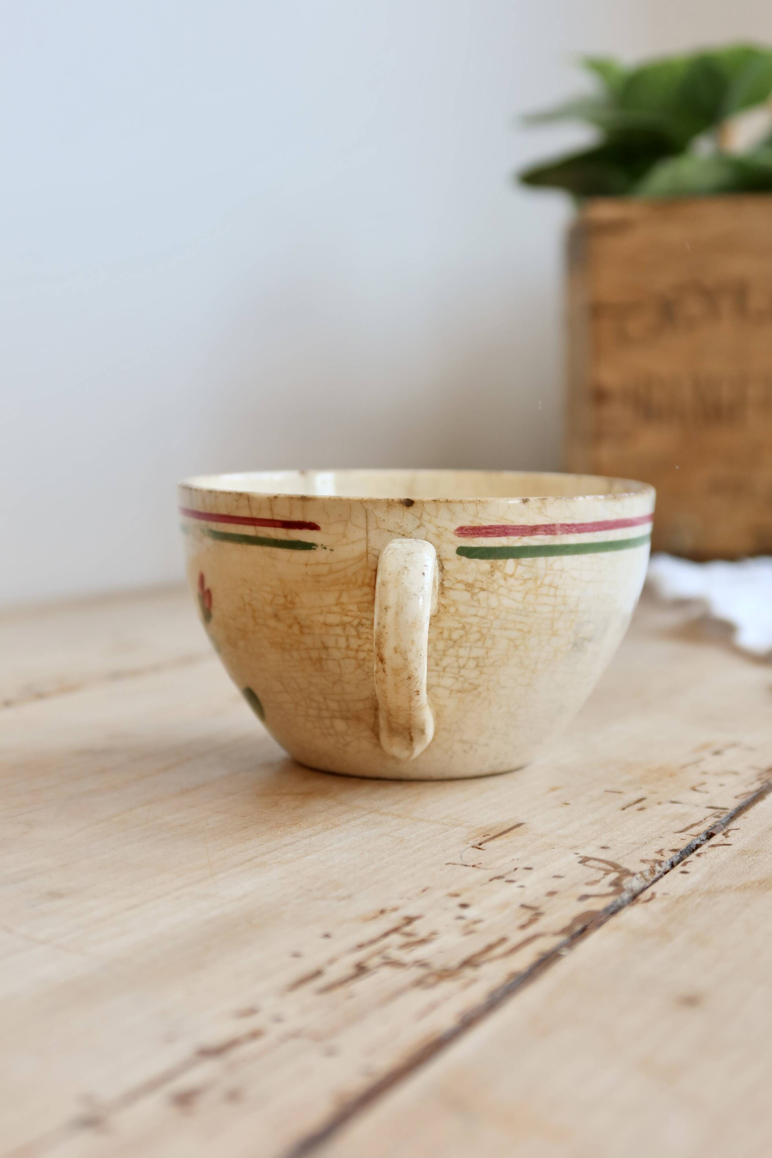 Antique ironstone coffee cup, patinated Sarreguemines – Floral decoration