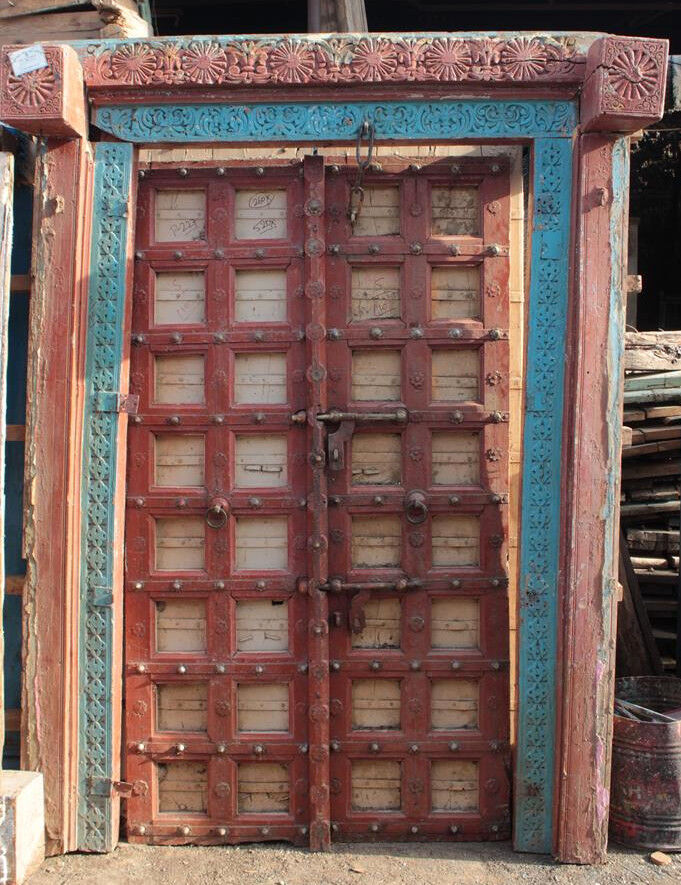 Old Indian door in old teak, piece and patina of origin