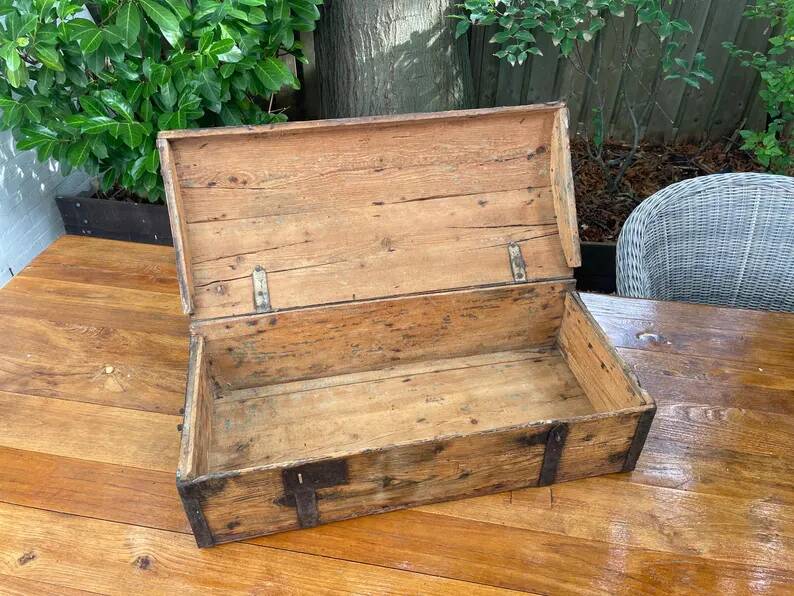 Antique French Wood Iron and Hide Handmade Wood Chest or Trunk