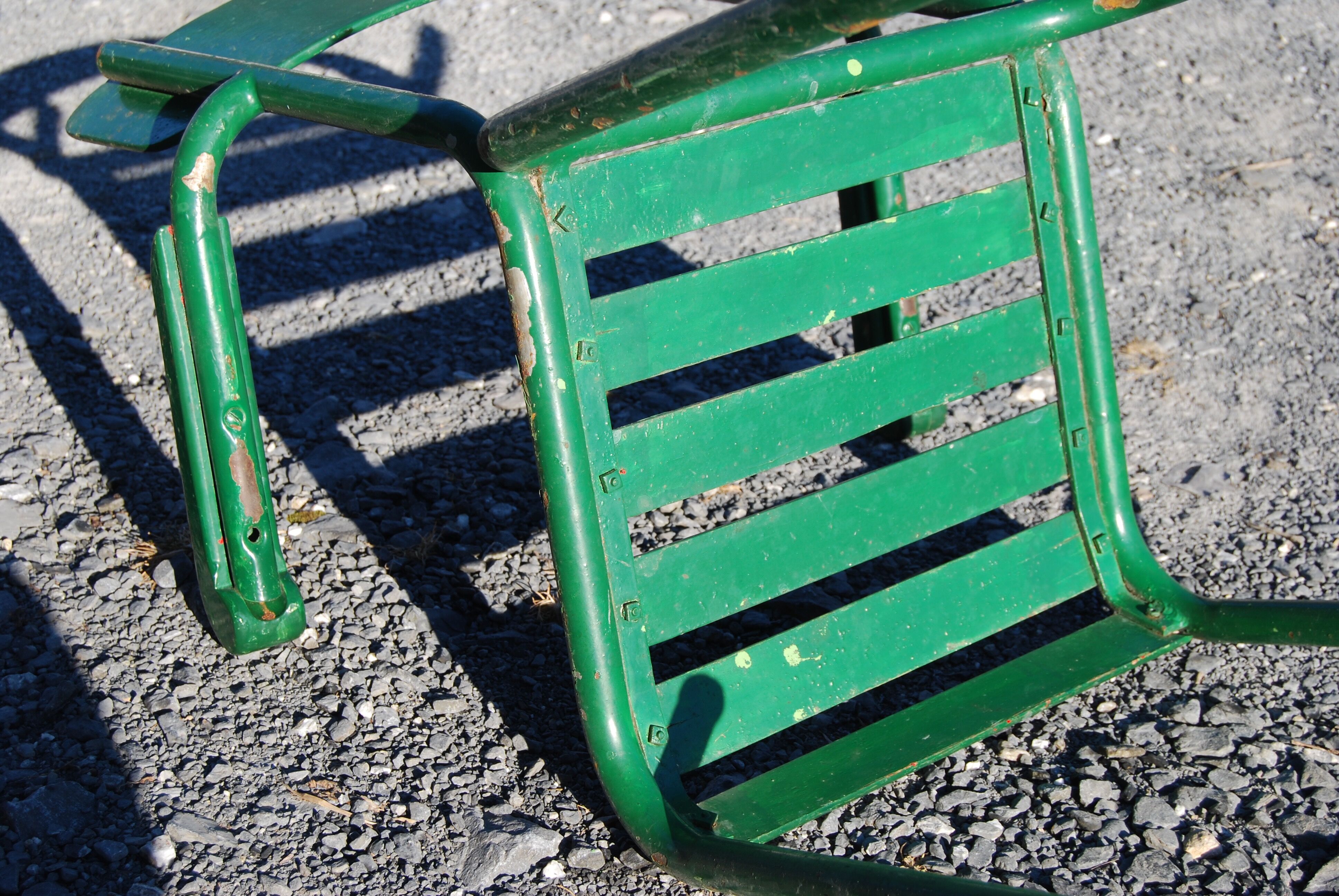 4 stackable garden armchairs wooden slats and metal tubes from the 50s