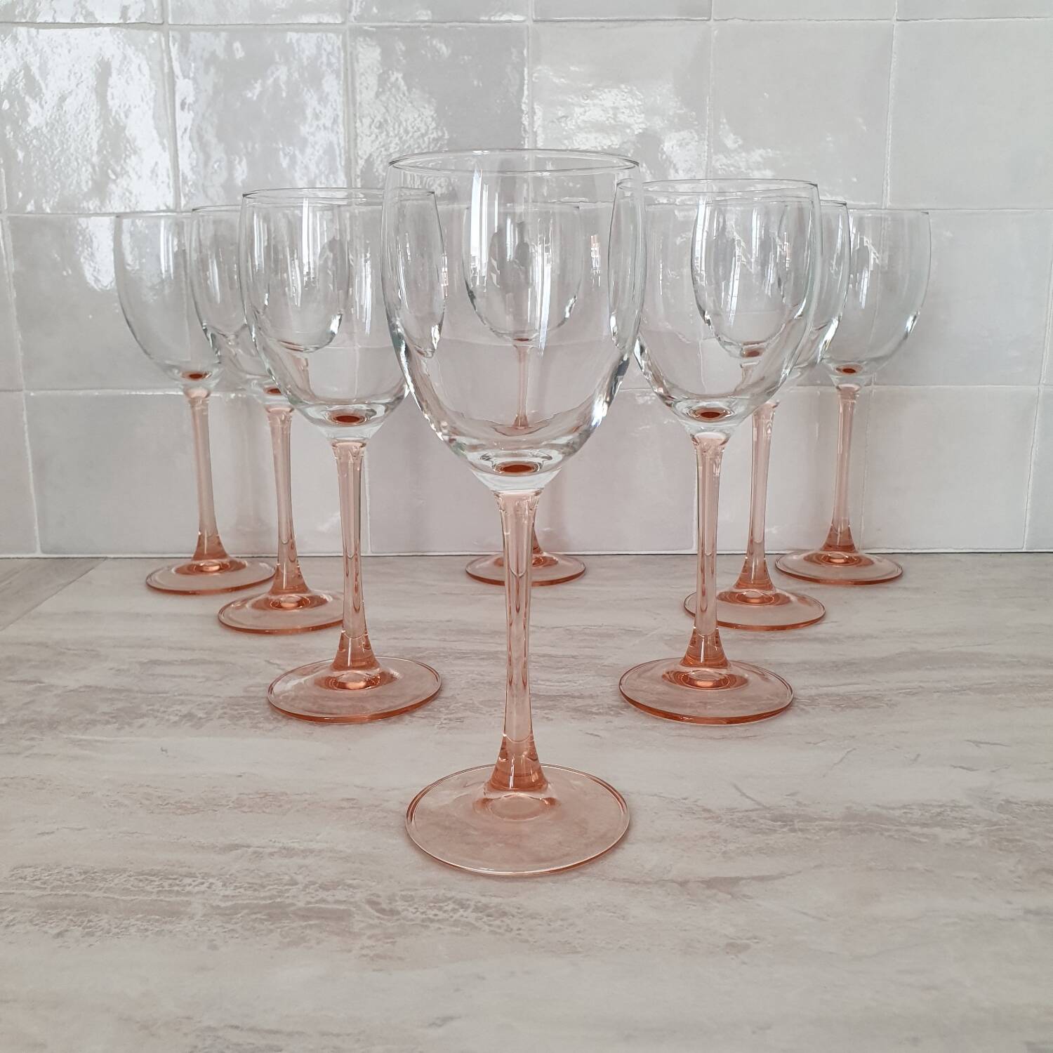 8 Pink Stem Wine/Water Glasses
