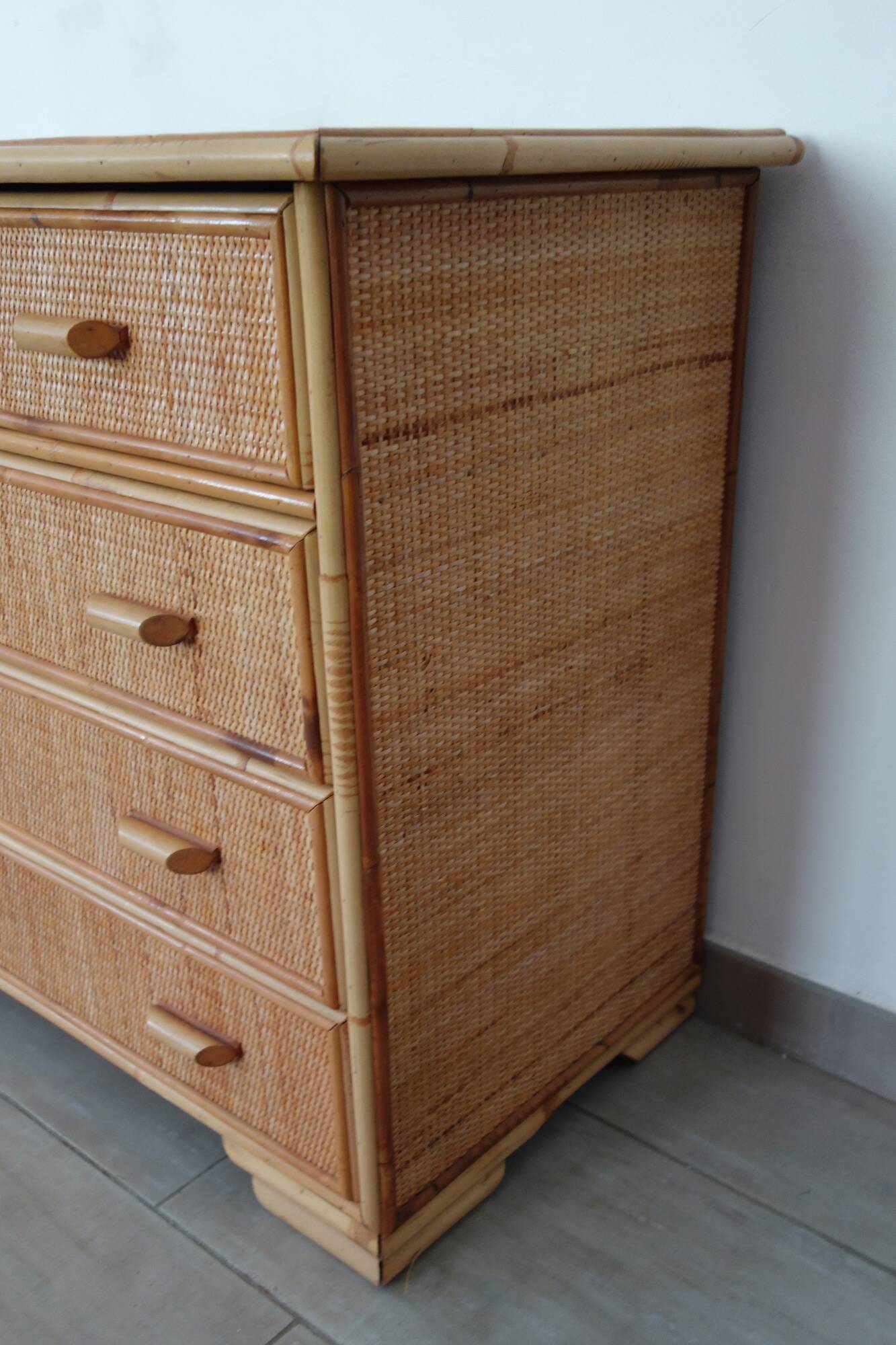 Chest of drawers with 5 wicker and bamboo drawers, 70s/80s.