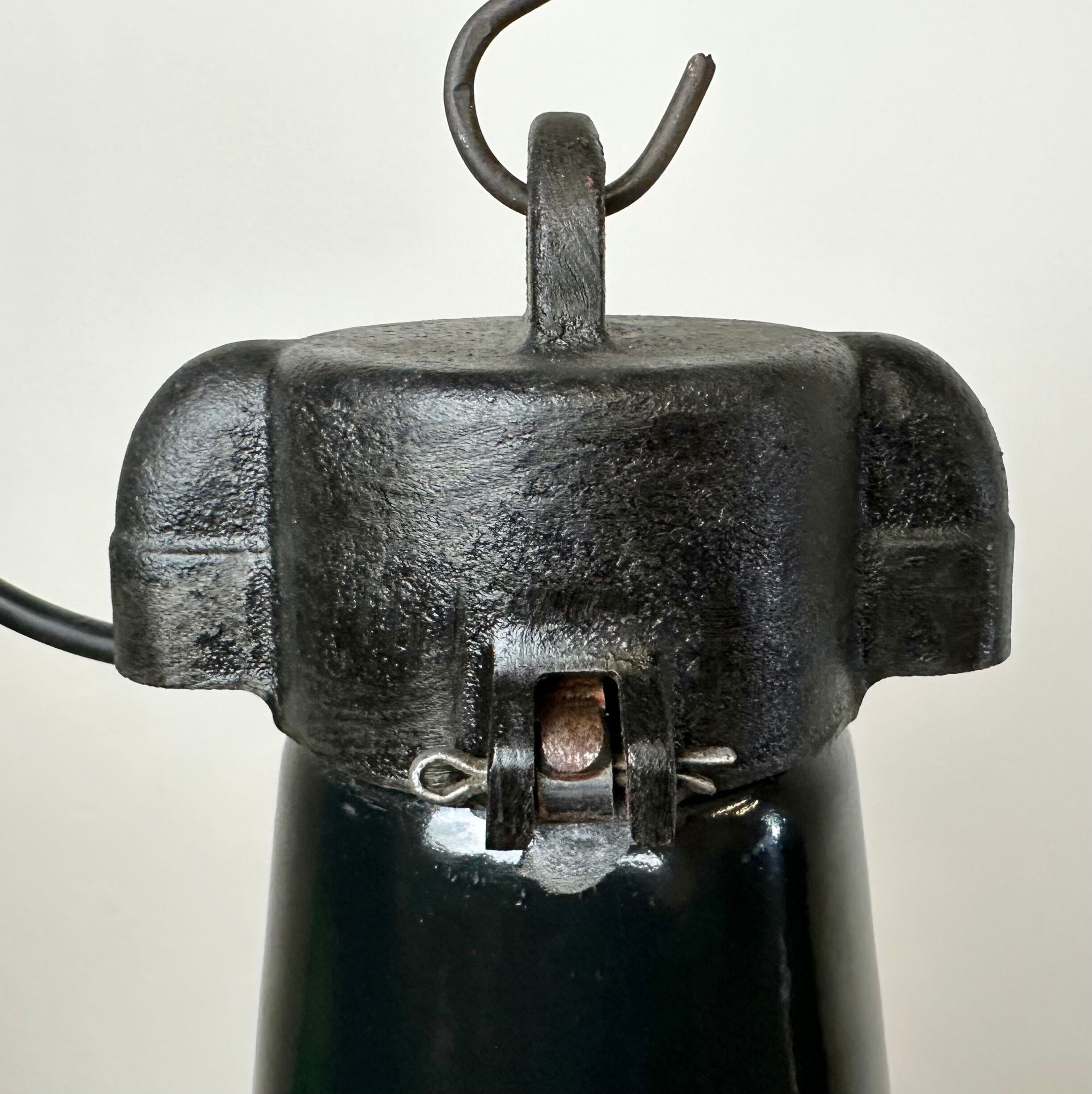 Industrial Black Enamel Factory Lamp with Cast Iron Top, 1950s