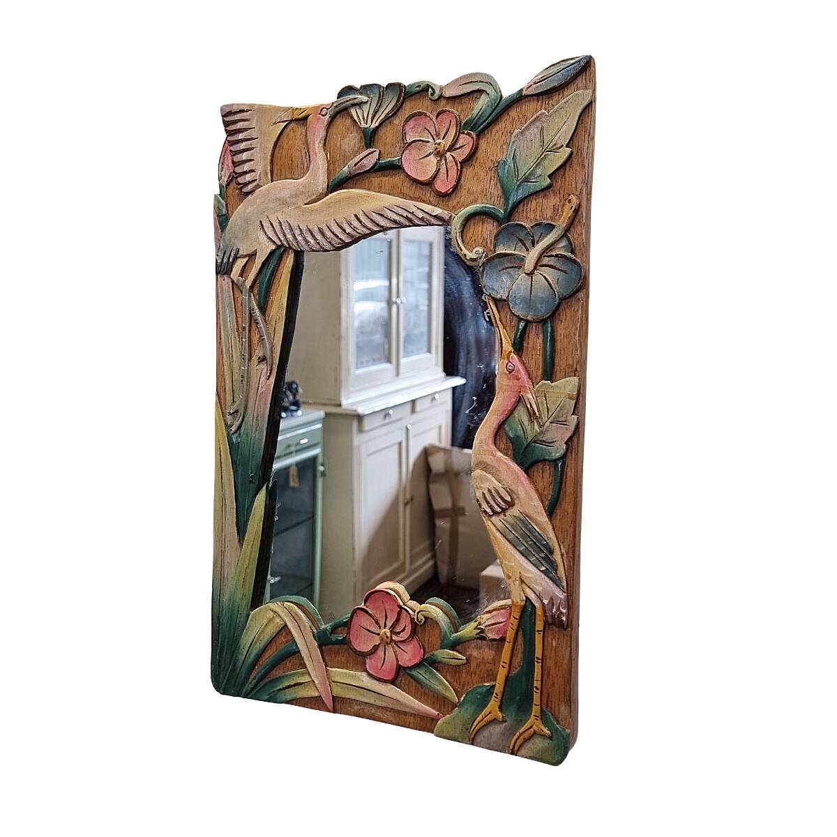 Vintage Balinese Wooden Mirror With Herons And Flowers, 1980/90s