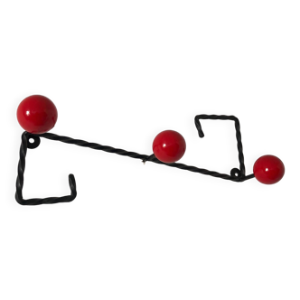 Vintage coat rack 1960 3 wrought iron wooden balls - 44 x 21 cm