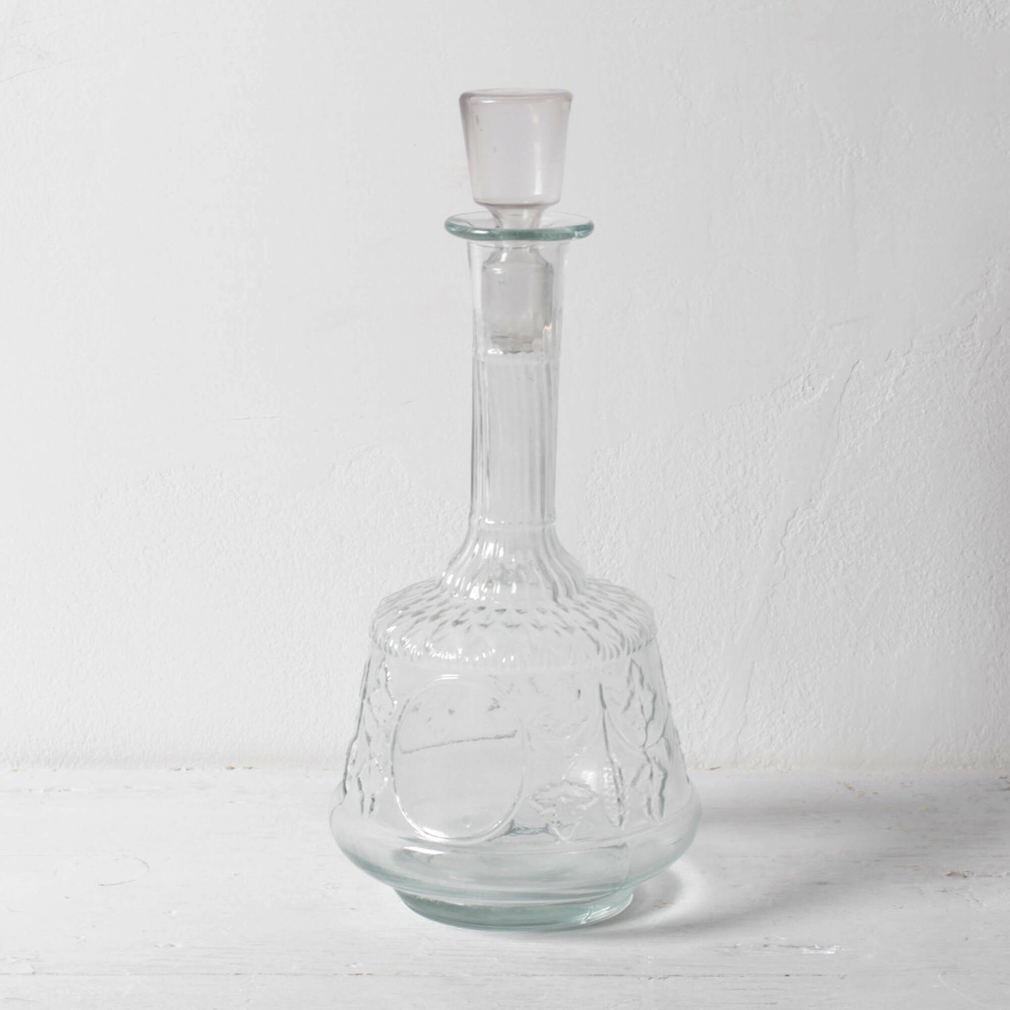 Clear Pressed Glass Floral Patterned Wine Bottle with Stopper / Italy /1930