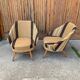 Pair of Mid-Century brown armchairs in beech and upholstery fabric, 1950s.