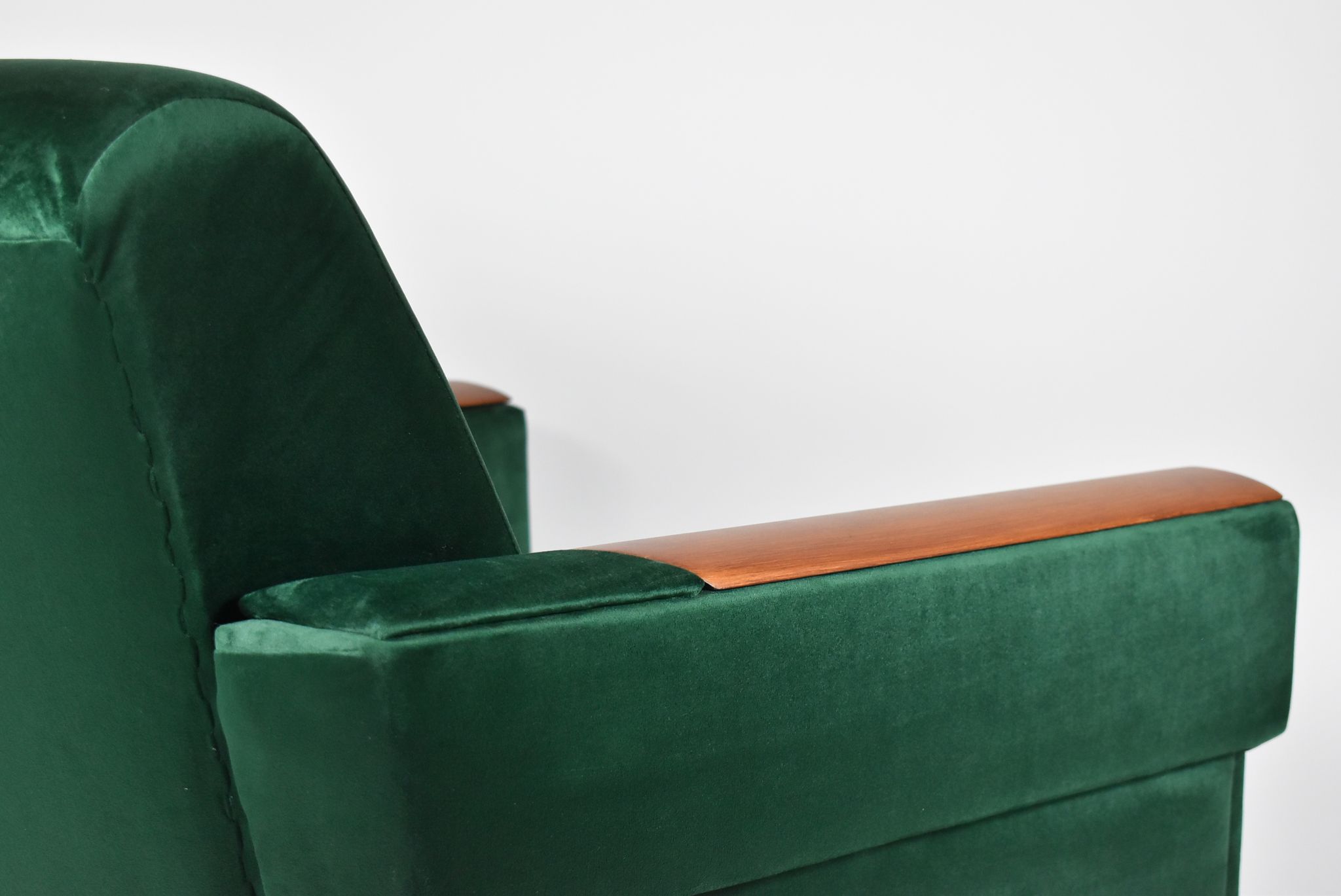 Vintage velvet armchair, 1960s, restored, green bottle