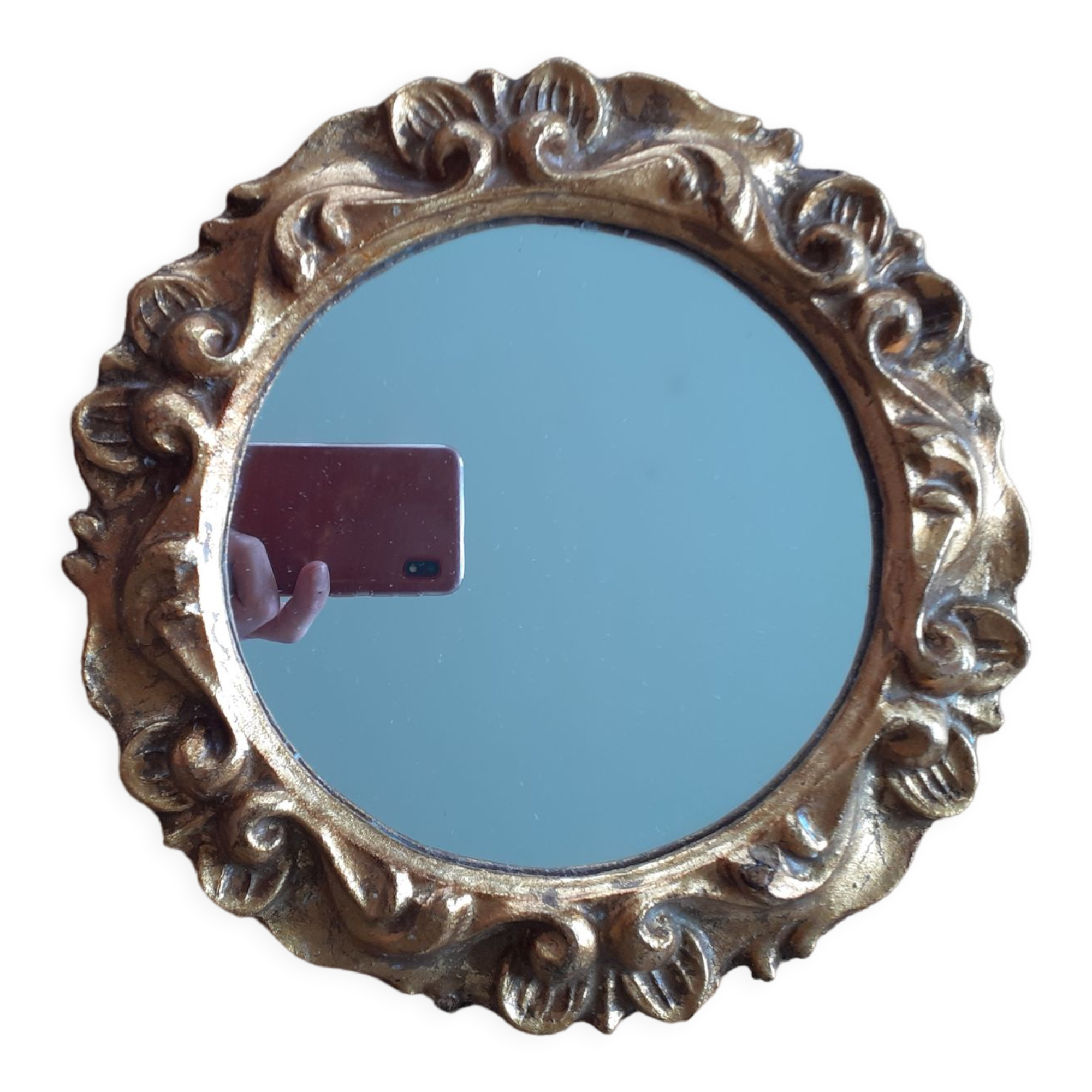 Miroir vintage rond en bois doré 24cm