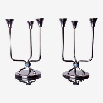 Pair of art deco candlesticks in stainless steel 3 flames and blue stones, Spain, 1970