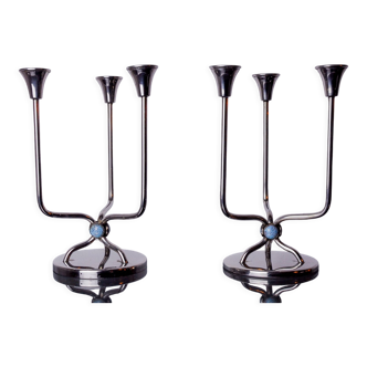 Pair of art deco candlesticks in stainless steel 3 flames and blue stones, Spain, 1970