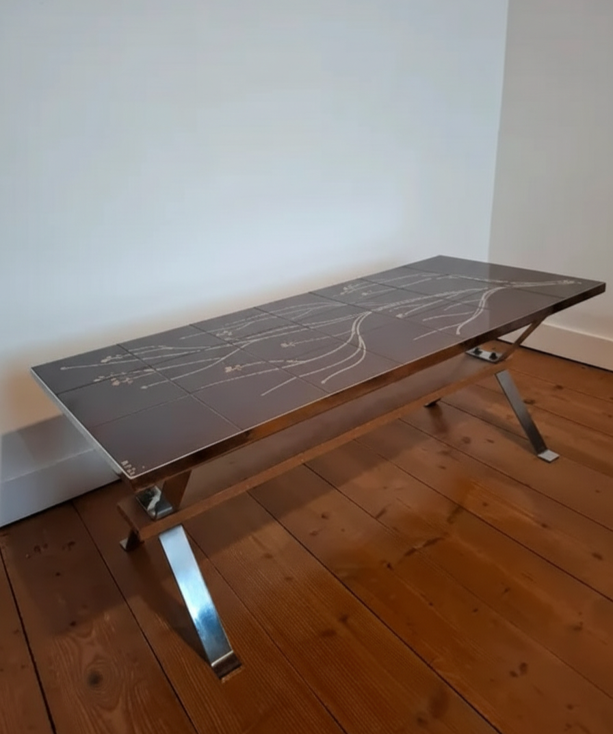 Vintage Adri Coffee Table – Ceramic & Chrome – Belgian Design 70s