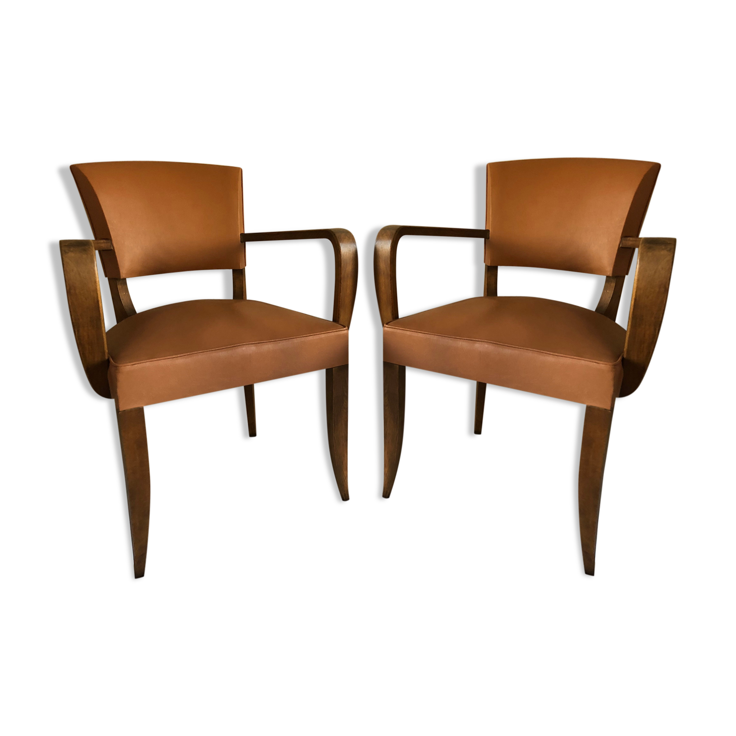 Pair of color wisky wood and skai armchairs 1950