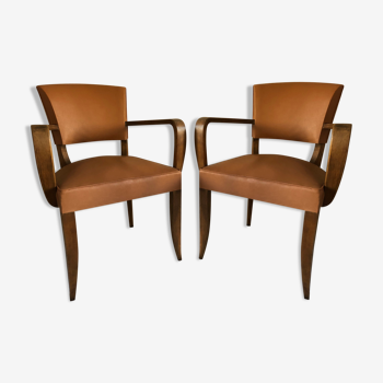 Pair of color wisky wood and skai armchairs 1950