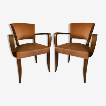 Paire de  fauteuils bridge couleur wisky bois et skaï 1950