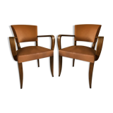 Pair of color wisky wood and skai armchairs 1950
