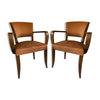 Paire de  fauteuils bridge couleur wisky bois et skaï 1950